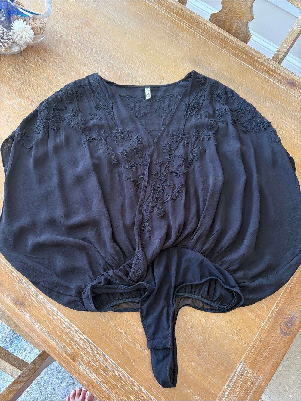 Black V-Neck Embroidered Draped Bodysuit